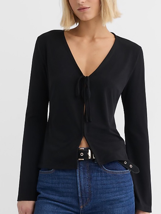 LOFT Tops - LOFT Black Tie-Front Long-Sleeve Top - Women